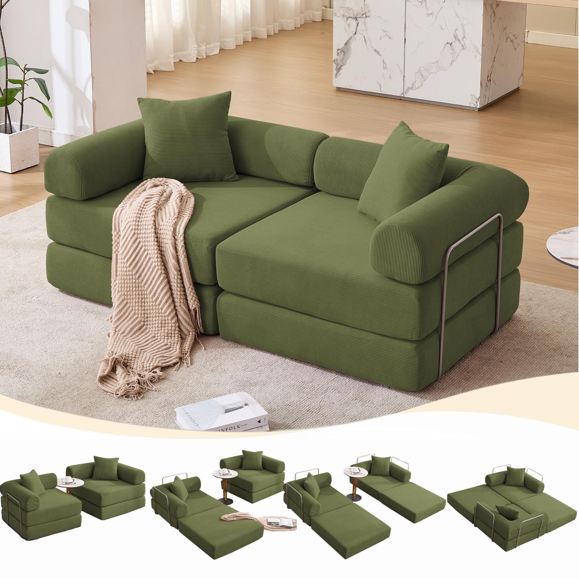 Convertible Modular Sectional Sofa Bed with Fixed-Shape Frame and Removable Armrests, Folding Mattress Couch for Apartment