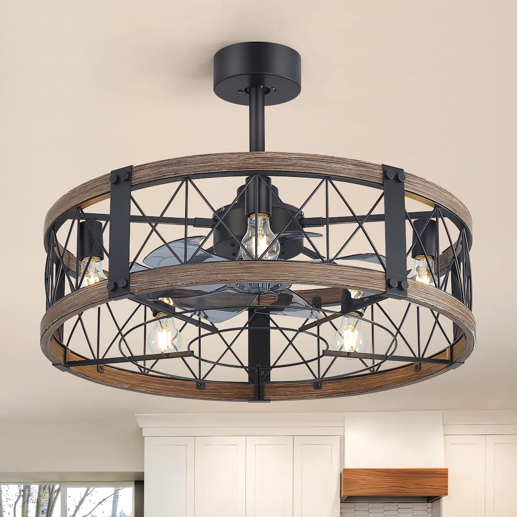 28-Inch Farmhouse Caged Ceiling Fan with Lights, Remote Control, Reversible DC Motor, Black Wood Grain Finish - 28 in