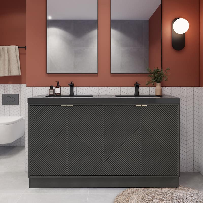 Milano 60" Freestanding Bathroom Vanity with Double Black Acrylic Sink - 59.06" x 19.49" x 35.46'' - Black