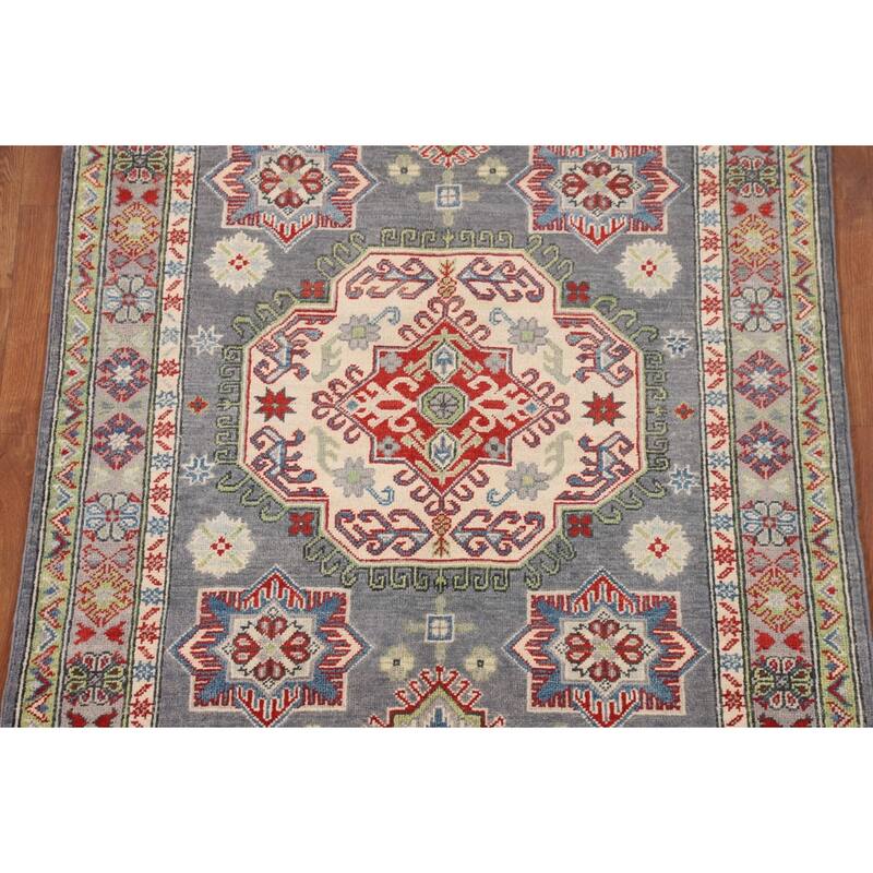 Geometric Kazak Rug Hand-Knotted Grey Oriental Wool Carpet - 4'0" x 6'0"