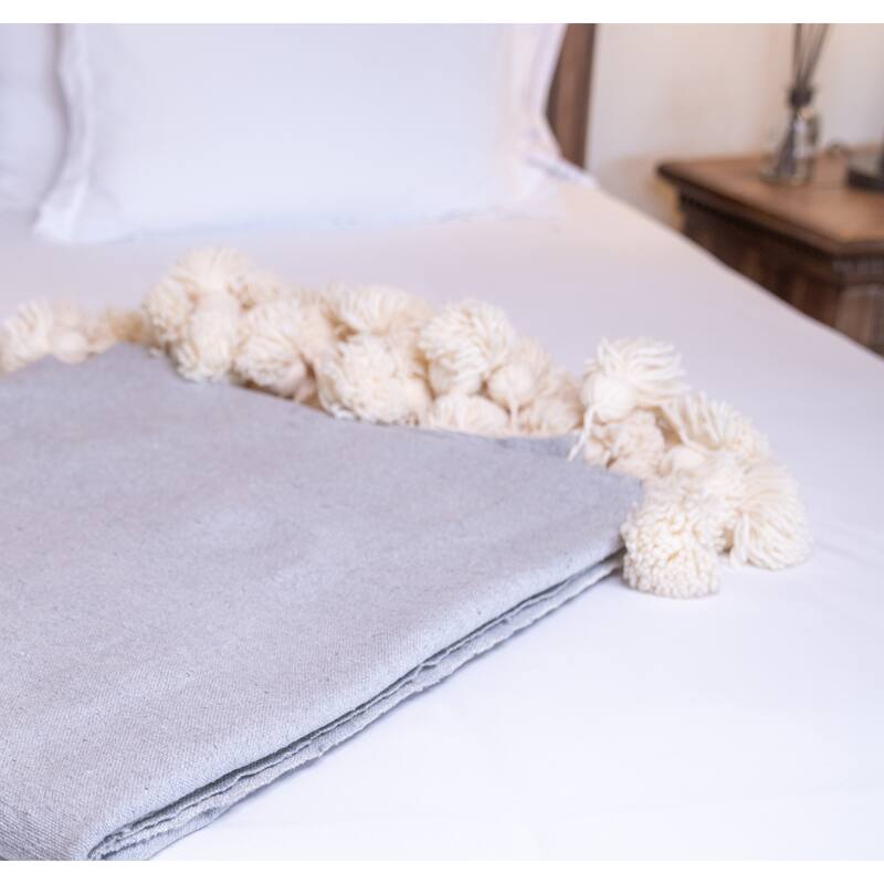 Handwoven Moroccan Blanket Throw with Pom Pom in Grey