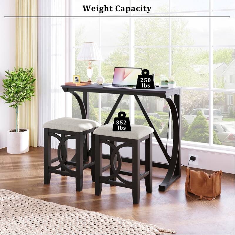 3-Piece Farmhouse Dining Set with USB Port & Stools