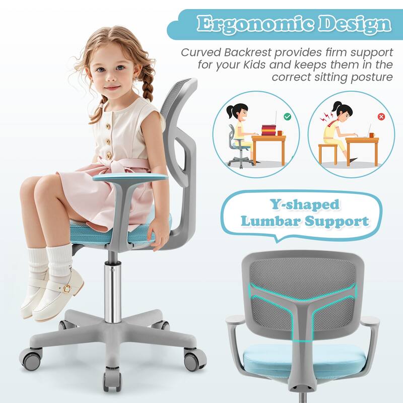 Kids Ergonomic Adjustable Height Study Chair with Swivel Seat and Mesh Backrest and Armrests