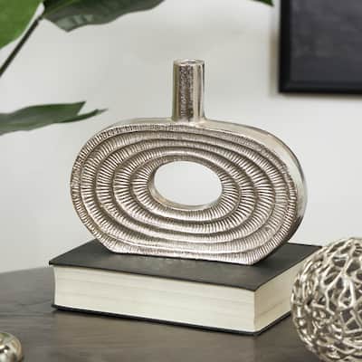 Silver Aluminum Metal Circular Geometric Vase with Linear Etchings
