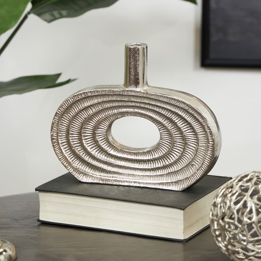 Silver Aluminum Metal Circular Geometric Vase with Linear Etchings