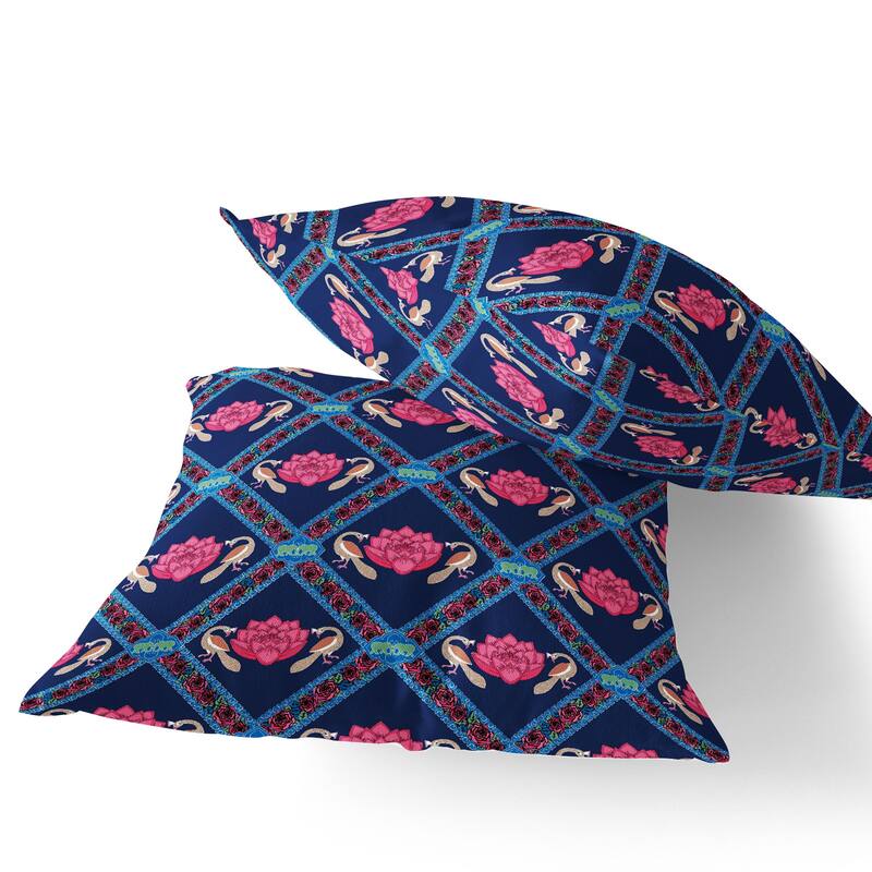 HomeRoots Set of Two 16" X 16" Blue and Pink Peacock Blown Seam Floral Indoor Outdoor Throw Pillow - 16.00' X '16.00' X '5.00