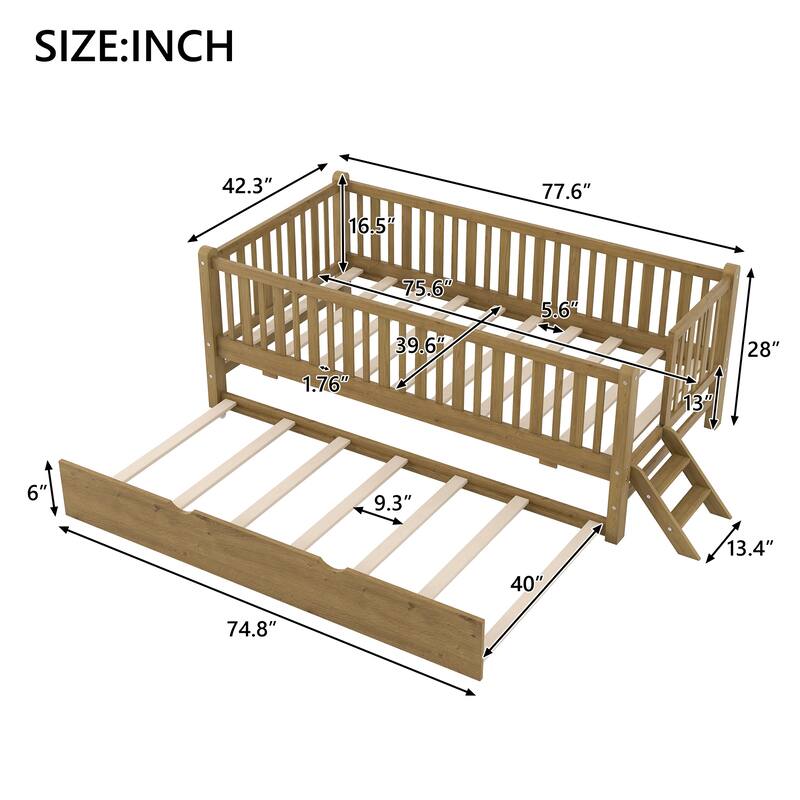Low Loft Bed Frame with Semi-enclosed Fence and Stairs, Twin Size Daybed Optional with Trundle Bed or Drawers, Wood Platform Bed