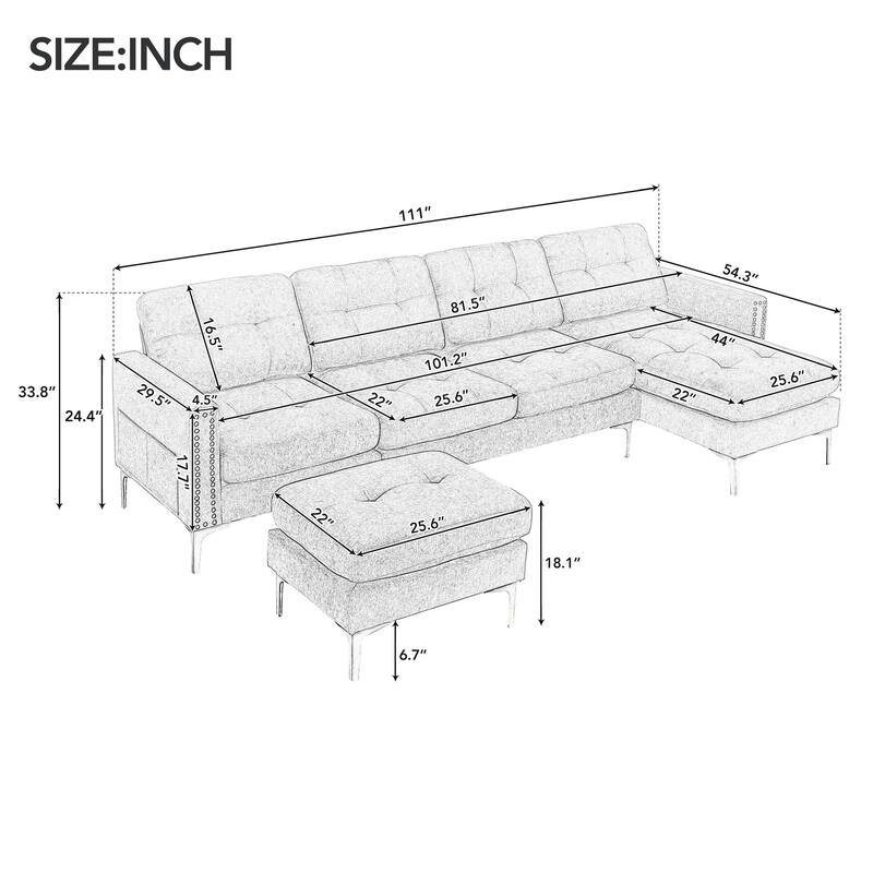 U Shaped Sectional Couches For Living Room, 110 Inch Modular Sectional