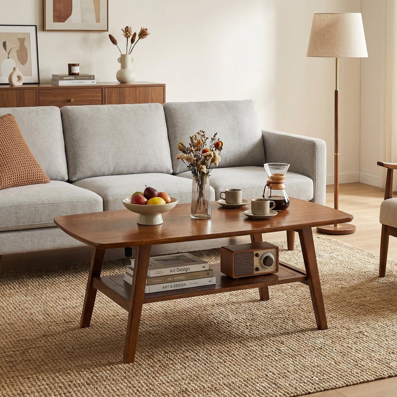 Solid Oak Wood Coffee Table with 2-Tier Storage Shelf by GDFStudio