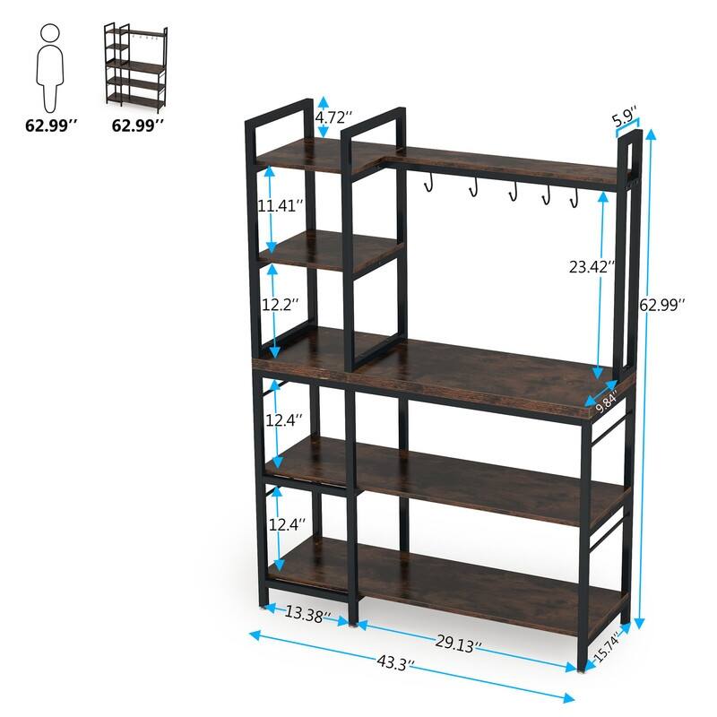4-Tier Rustic Brown Baker’s Rack with S-Shape Hooks