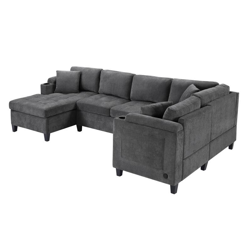 Oversized Corner Sectional, Modern U-Shaped Sectional Sofa with Built-in Storage Boxes and Dual Cup Holders, USB Ports, Pockets