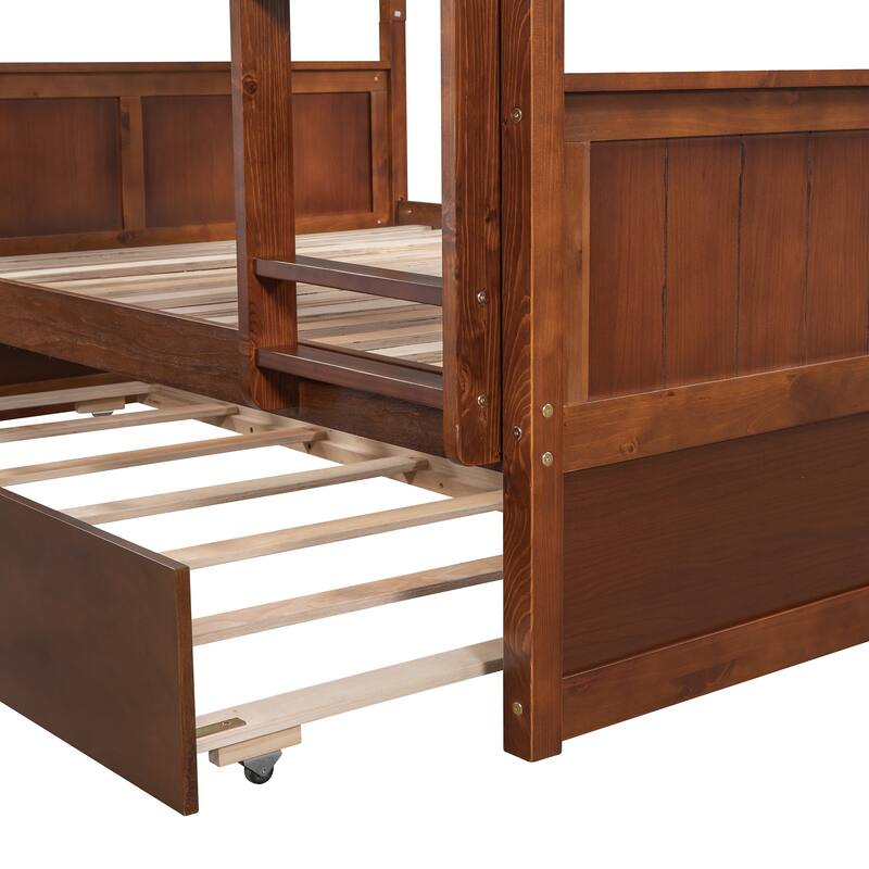 Convertible Wood Full Size Bunk Bed with Trundle & Ladder, Solid Wood Detachable Bunkbeds Frame for 3 Kids, Full Over Full Size