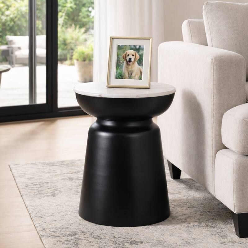 Metal Marble Round Top Drum End Table - Black, 20" - 20.0"