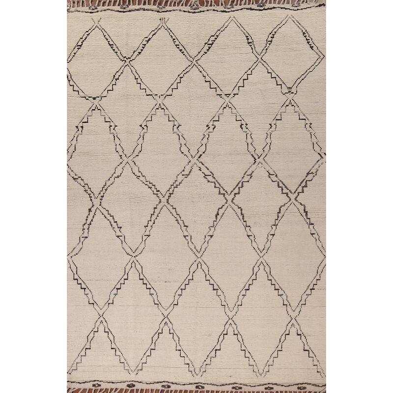 All-Over Trellis Ivory Moroccan Area Rug Handmade Wool Carpet - 7'11"x 11'0"