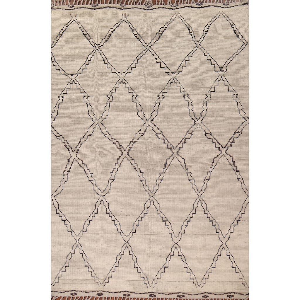 All-Over Trellis Ivory Moroccan Area Rug Handmade Wool Carpet - 7'11"x 11'0"