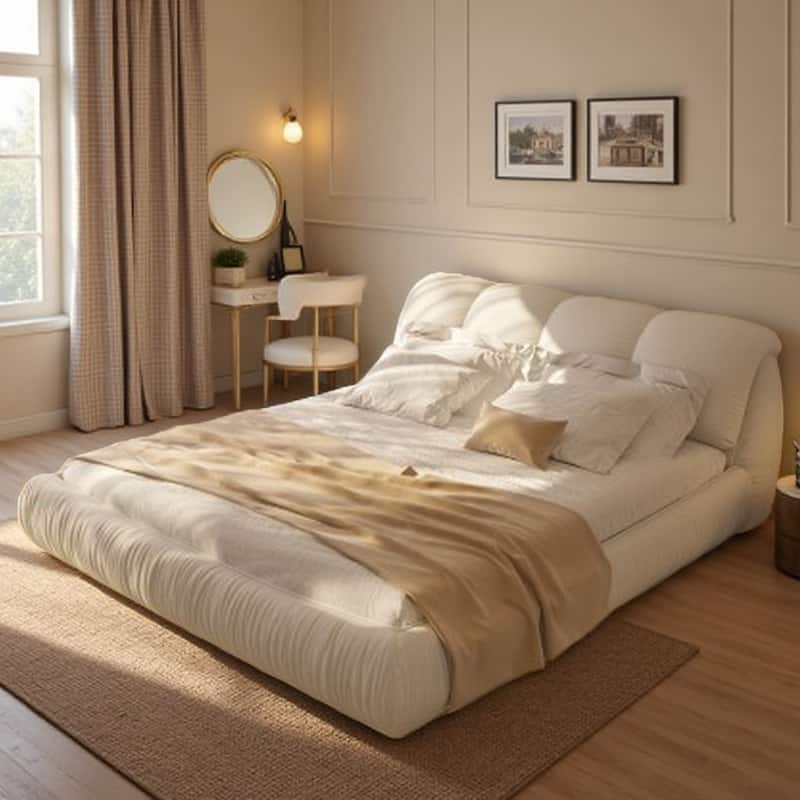 King Size Upholstered Bed Frame with Extra-Wide Cushioned Headboard, Solid Pine Slats & Adjustable Mattress Height - Queen Beige - Queen