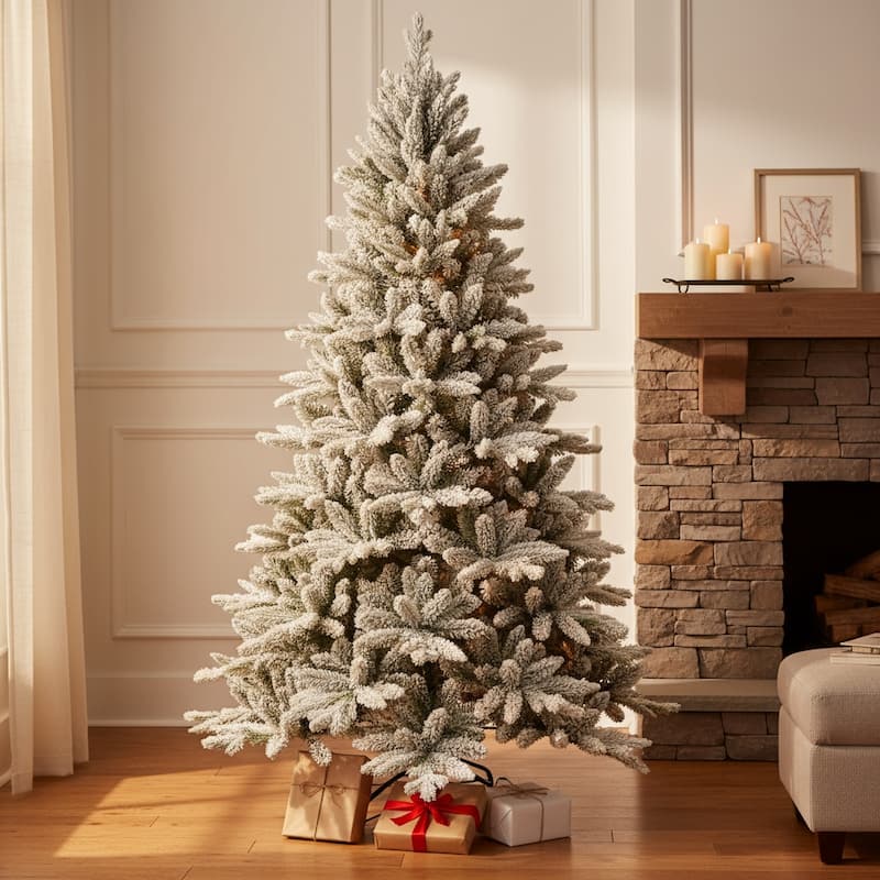 HomeRoots 7' Green And White Full Flocked Spruce Christmas Tree - 7 Foot