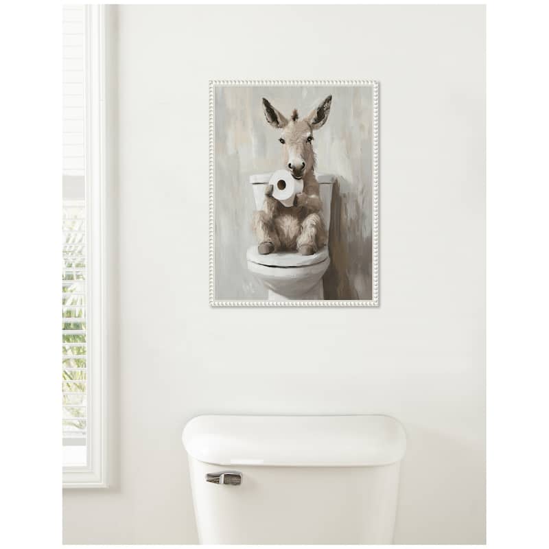 Kate and Laurel Sylvie Cute Donkey Holding Toilet Paper Roll Toilet Bathroom Art Framed Canvas by The Creative Bunch Studio