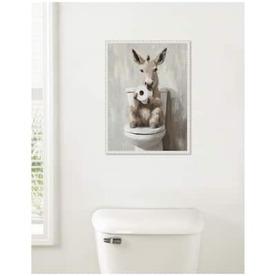 Kate and Laurel Sylvie Cute Donkey Holding Toilet Paper Roll Toilet Bathroom Art Framed Canvas by The Creative Bunch Studio