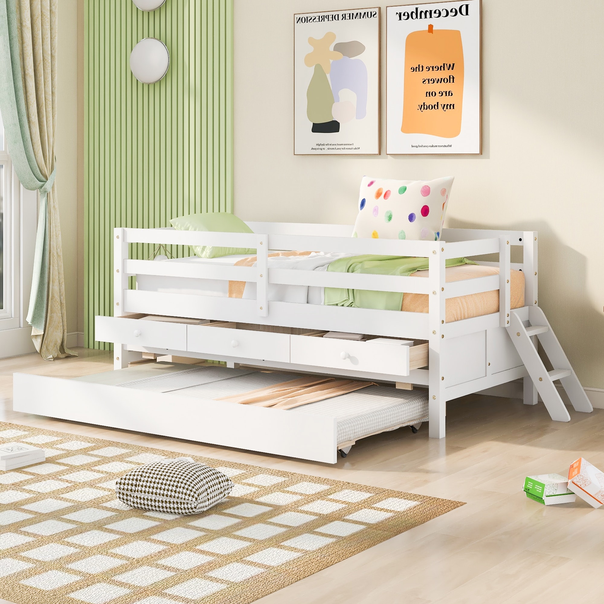 Low Loft Bed Twin Size Solid Wood Kids Bed with Full Safety Fence