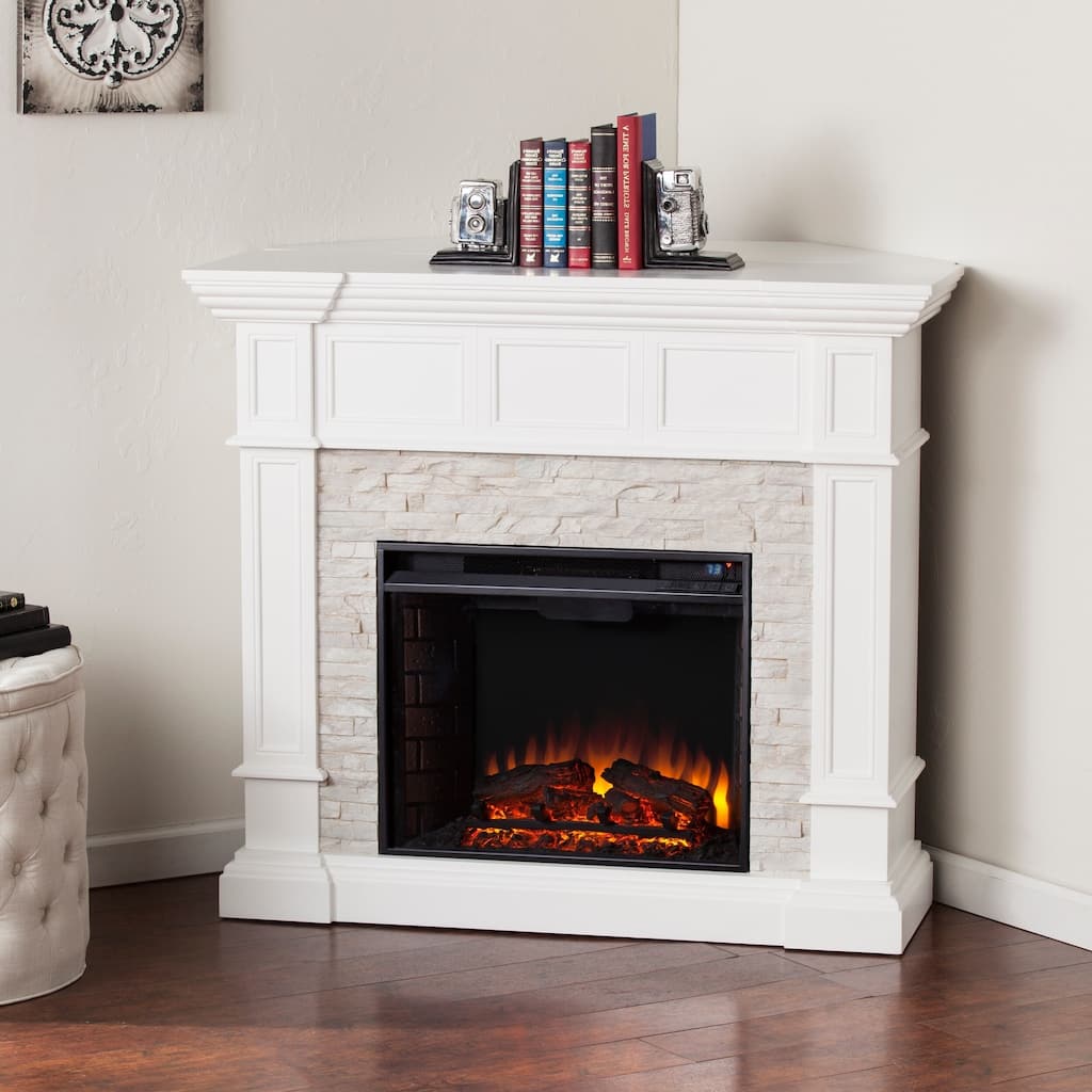 SEI Furniture Helianthus Electric Corner Fireplace with White Faux Stone Mantel