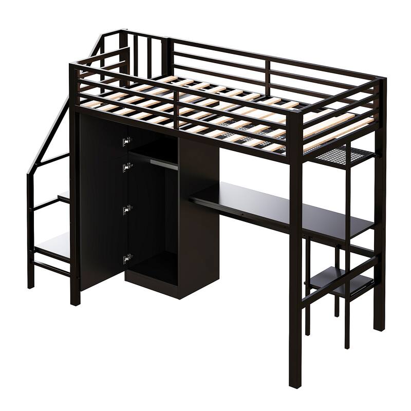 Full-Size Metal Loft Bed with Built-in Wardrobe, L-Shaped Desk, Charging Ports, and Multi-Layer Storage Shelves