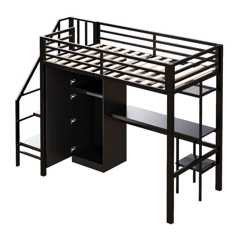 Metal Twin Loft Bed With desk, shelf, wardrobe and Storage Staircase, Black