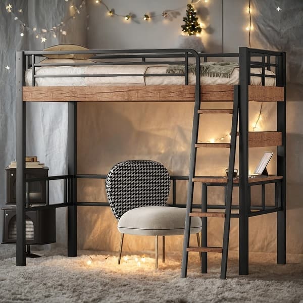 slide 2 of 14, Metal Twin Loft Bed with Built-in Desk, Storage Shelf and Ladder, Black Black