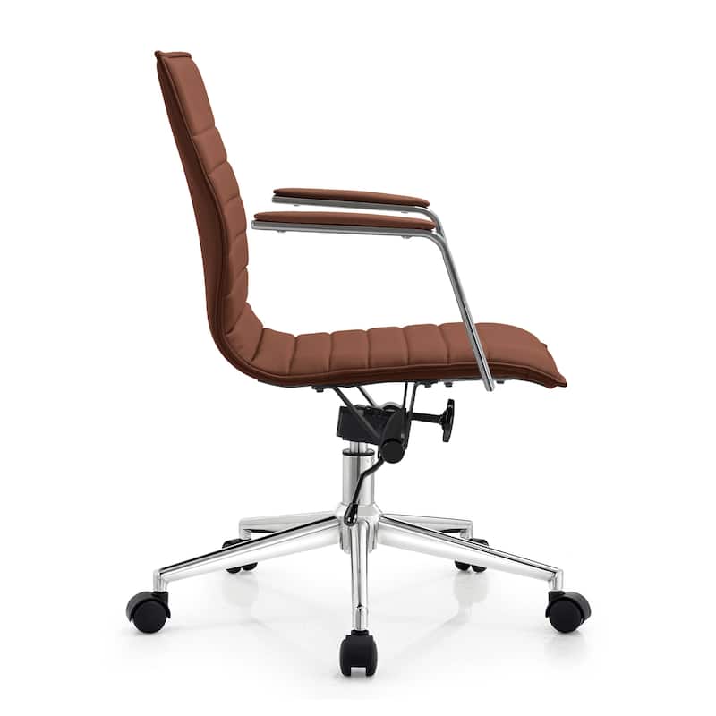Modern Office Desk Chair | Upholstered PU Leather Ribbed Mid Back with Metal Frame | Adjustable Height, Tilt Lock
