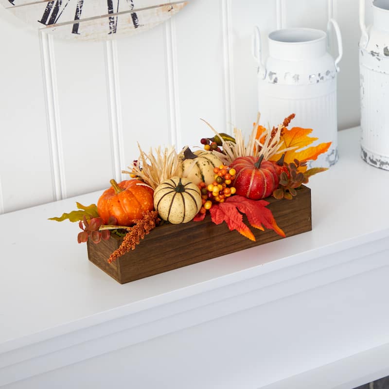 16” Pumpkins and Berries Fall Harvest Arrangement in Wood Vase