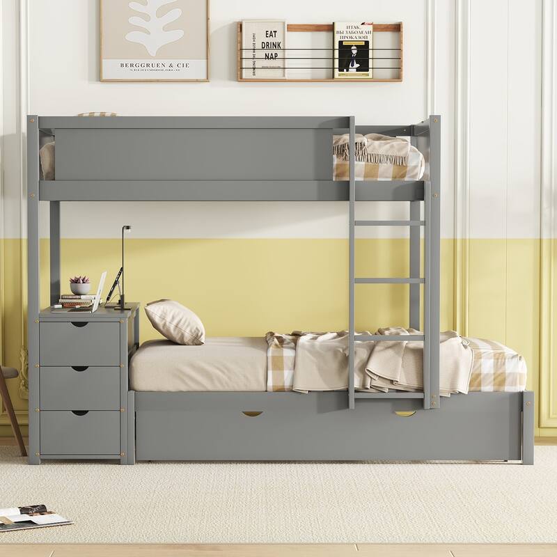 Twin-Over-Twin Bunk Bed with Trundle, Storage, and Desk in Gray