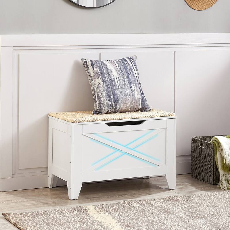 Storage Wooden Ottoman, Flip Top Ottoman Bench with Hand Weave Poufs Padded, Bed End Stool, Foot Rest for Living Room/Entryway