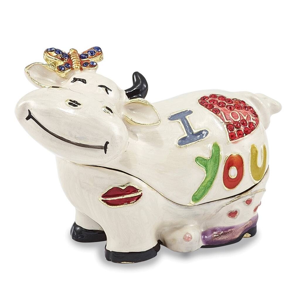 Curata Giftware Pewter Bejeweled Crystals Gold-Tone Enameled I Love You Cow Trinket Box on 18 Inch Necklace