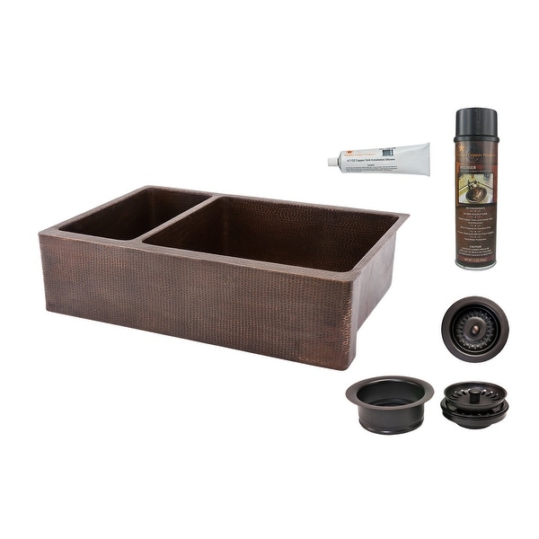 Premier Copper Products KSP3_KA25DB33229 33" Double Basin Farmhouse 14-Gauge Copper Kitchen Sink with Matching Drain and