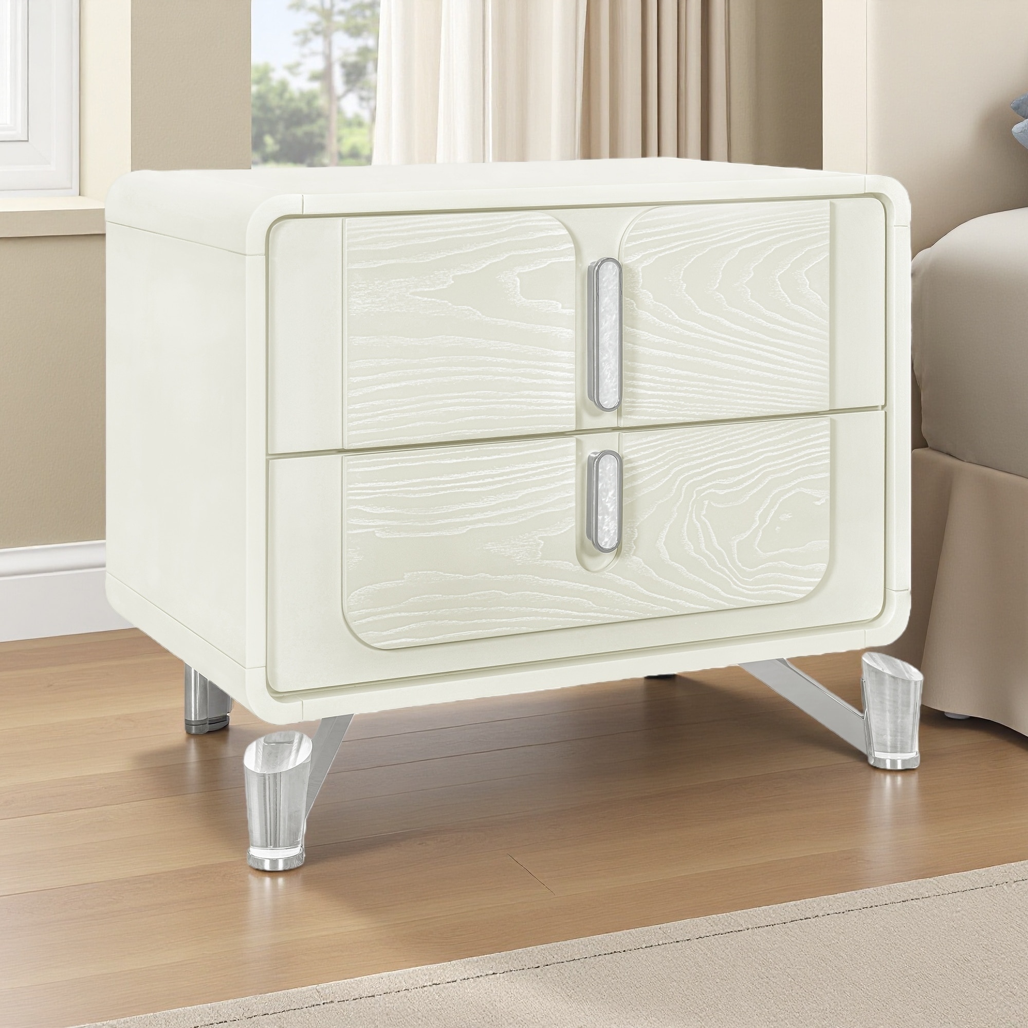 27.95"L Contemporary Nightstand with Spacious Drawers, Geometric Design Legs, Drawer Pulls, and Rounded Edges