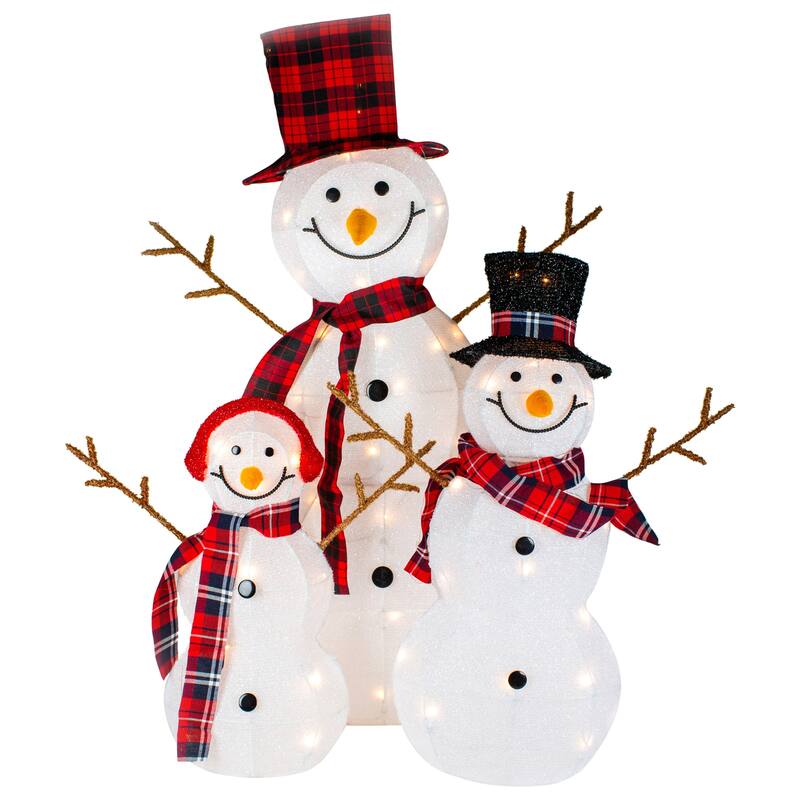 Lighted Tinsel Snowmen Family Christmas Outdoor Decorations - Clear Lights - Set of 3 - White