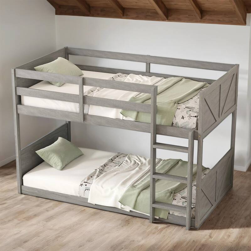 Twin over Twin Floor Bunk Bed w/ Headboard,Footboard,Safety Guardrails