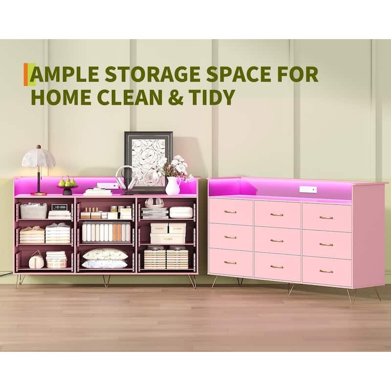 9-Drawer Dresser for Bedroom with Charging Station & RGB Lights