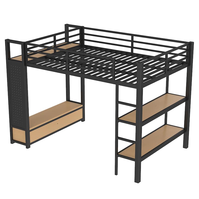 Modern Full Metal Loft Bed with Integrated Closet, Open Shelves, Pegboard and Storage Drawers, Safety Guardrails & Sturdy Ladder