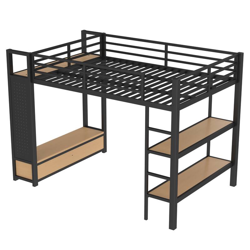Roomfitters Full/Queen Size Metal Loft Bed Frame with Wardrobe, Storage Shelves & Pegboard, Space-Saving Functional Design