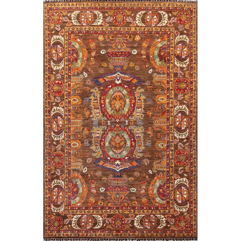 Geometric Vegetable Dye Ziegler Oriental Area Rug Handmade Wool Carpet - 6'0" x 8'9"