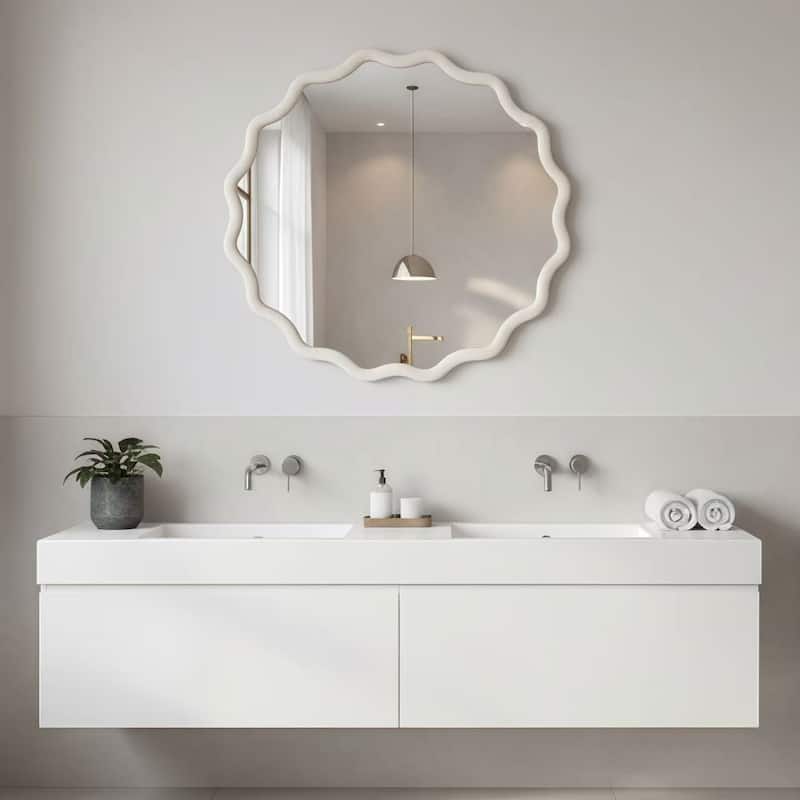 24 inch Wavy Round Solid Wood Frame Decorative Mirror,For Bedroom, Bathroom, Living Room, Entryway
