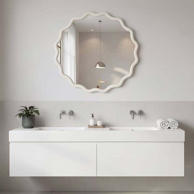 24 inch Wavy Round Solid Wood Frame Decorative Mirror