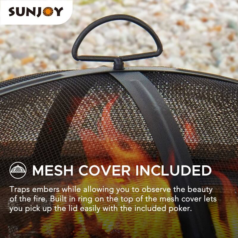 Sunjoy 30 in. Outdoor Wood-Burning Fire Pit, Patio Woven Round Steel Firepit Outside with Spark Screen and Poker - N/A