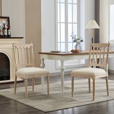 Antique Wooden Dining Chairs Set of 2, with Linen Fabric Seat and Slatted Back