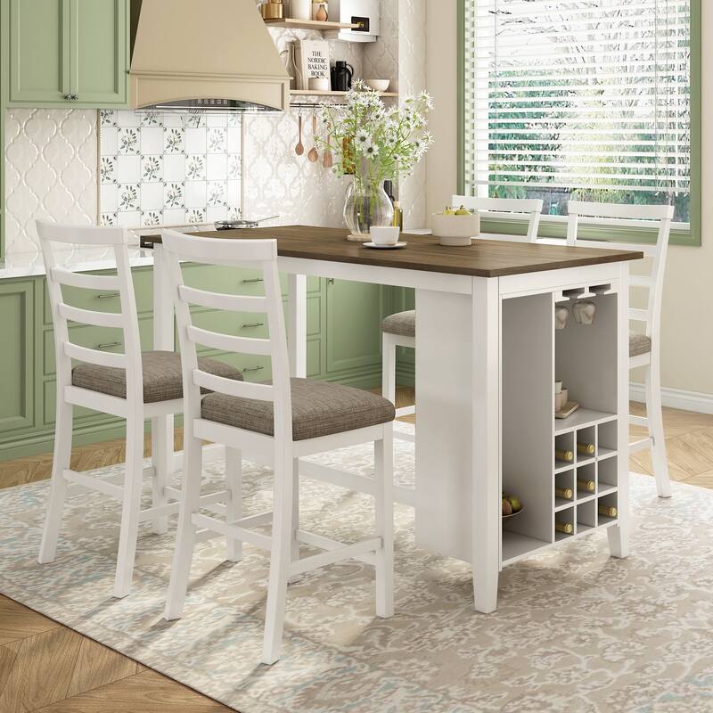 Rustic 5-Piece Counter Height Dining Table Set with 4 Chairs & Storage - Brown+Whitewash