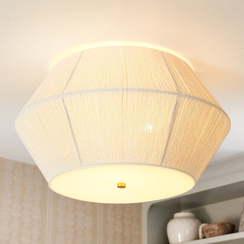 17.7" 3-Light Farmhouse Rustic Brass Ivory Rope Drum Flush Mount Ceiling Light - 17.7 in. Dia x 10.6 in. H