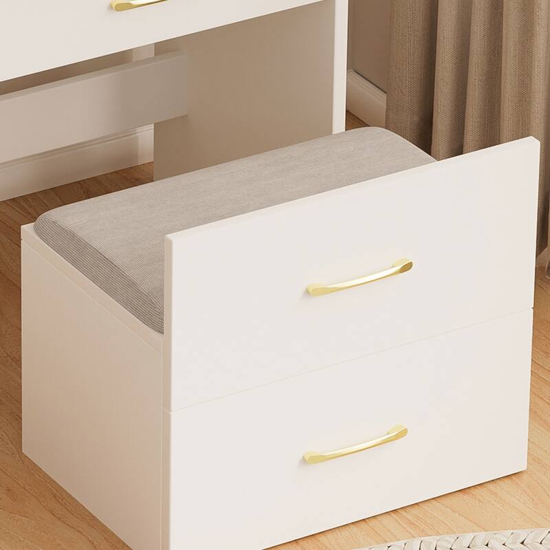 3 in 1 Makeup Vanity Convertible Desk or Nightstand, Compact Make-up Vanity Glass Desktop Dressing Table with Mirror & Stool