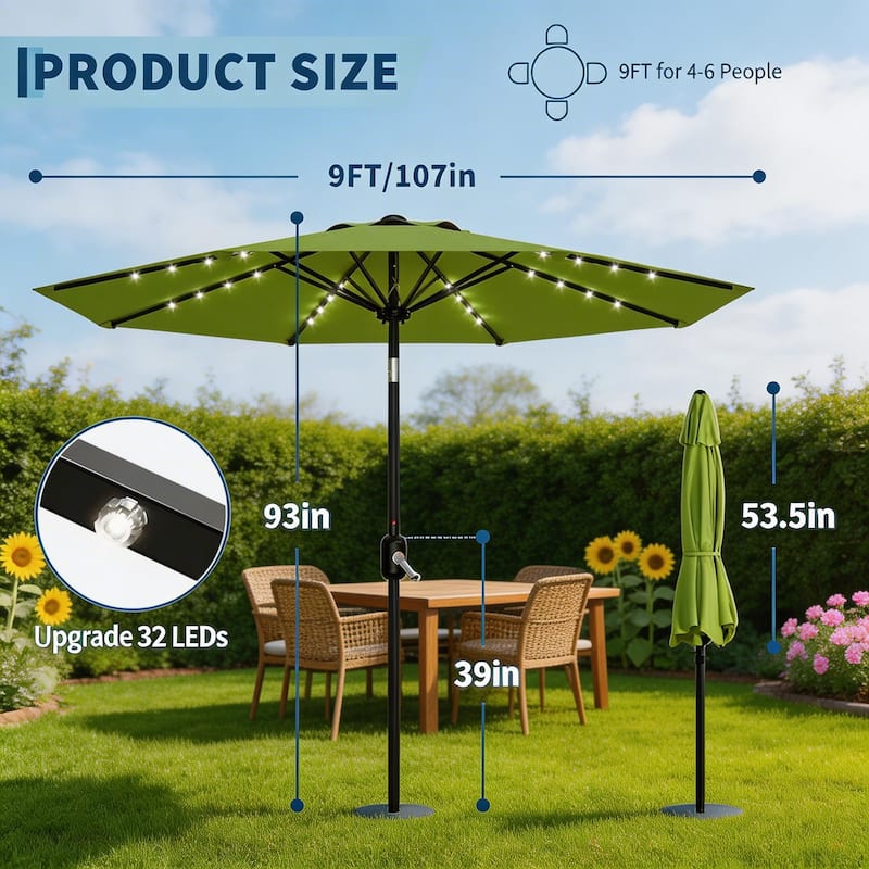 9 ft Patio Umbrella, 8 Sturdy Ribs, with Lights