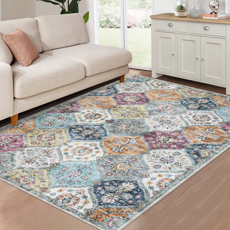 Rugs for Living Room Vintage Oriental Trellis Area Rug Soft Non Slip Low Pile Accent Rugs for Dining Room Office - 9'x12' - Yellow Purple